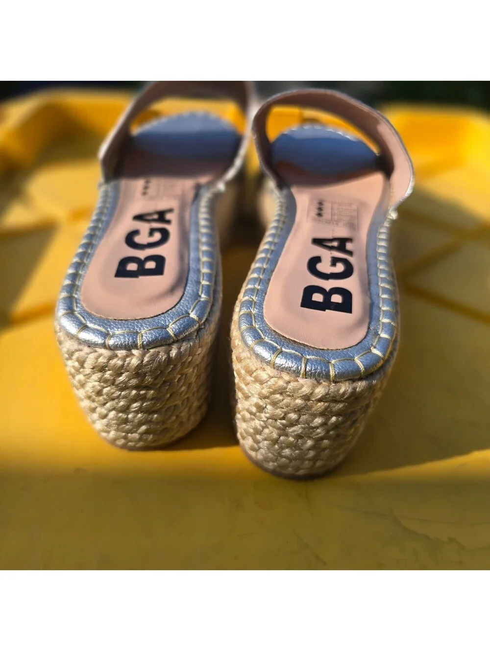 BGA Silver Metallic Platform Slide Sandals with Woven Espadrille Wedge Heel, US